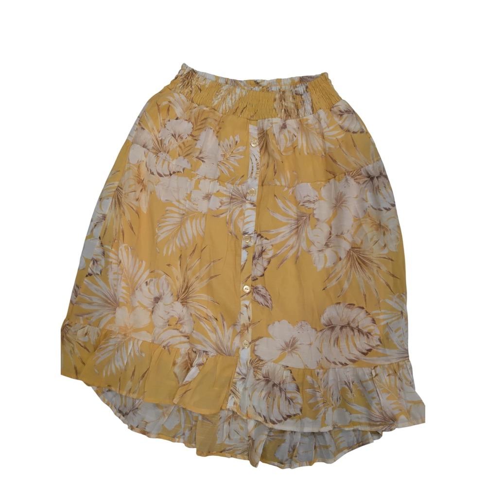 Mlle Gabrielle Yellow Tropical Floral Smocked‎ High Low Button Front Skirt M